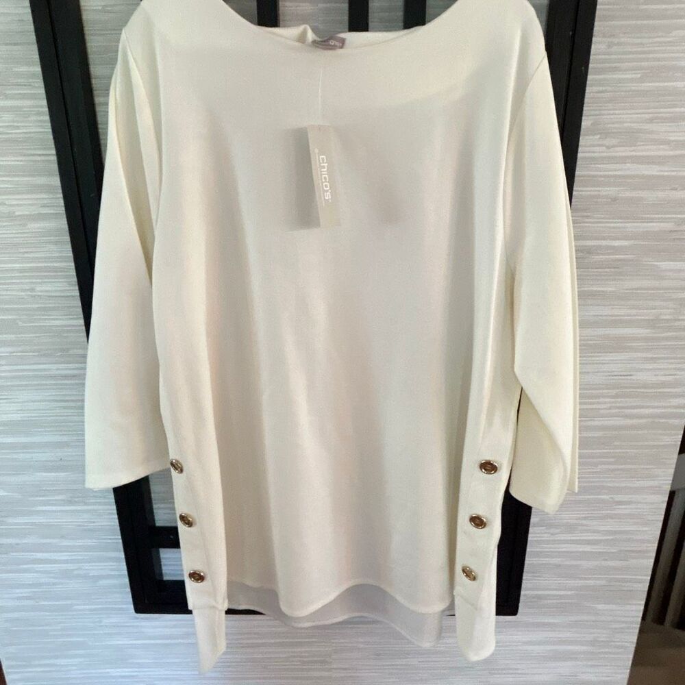 NWT Chico's cream 3/4 sleeve top gold buttons shirt size Chicos three
